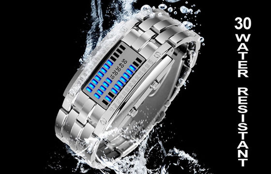 Man Binary LED Watch Metal Strap 30m Waterproof Electronic Wristwatch