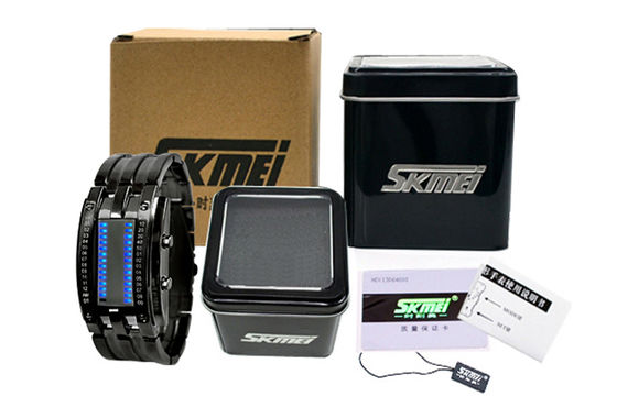 Man Binary LED Watch Metal Strap 30m Waterproof Electronic Wristwatch